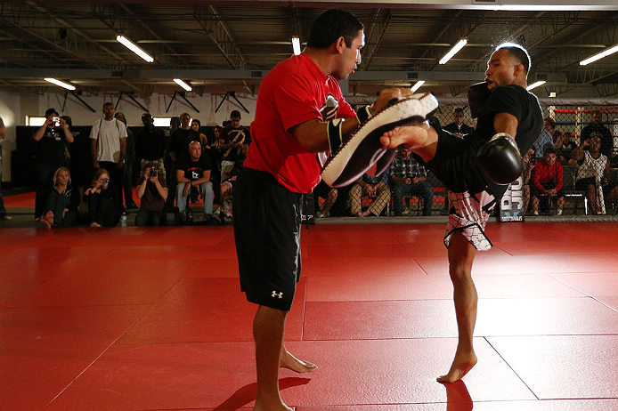 MINNEAPOLIS, MN - OCTOBER 02: John Dodson works out for media and fans during an open training session at Cellar Kickboxing and Martial Arts on October 2, 2012 in Minneapolis, Minnesota. (Photo by Josh Hedges/Zuffa LLC/Zuffa LLC via Getty Images)