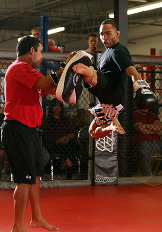 MINNEAPOLIS, MN - OCTOBER 02: John Dodson works out for media and fans during an open training session at Cellar Kickboxing and Martial Arts on October 2, 2012 in Minneapolis, Minnesota. (Photo by Josh Hedges/Zuffa LLC/Zuffa LLC via Getty Images)