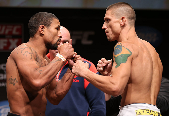 MINNEAPOLIS, MN - OCTOBER 04:  (L-R) Opponents Marcus LeVesseur and Carlo Prater face off during the UFC on FX weigh in at Pantages Theater on October 4, 2012 in Minneapolis, Minnesota.  (Photo by Josh Hedges/Zuffa LLC/Zuffa LLC via Getty Images)
