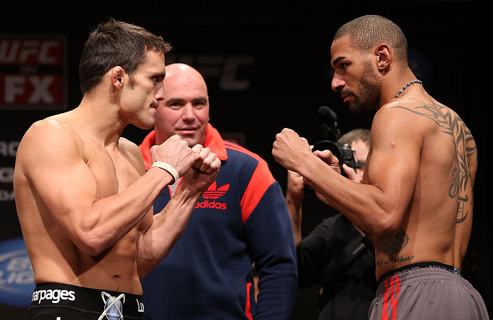 MINNEAPOLIS, MN - OCTOBER 04:  (L-R) Opponents Jake Ellenberger and Jay Hieron face off during the UFC on FX weigh in at Pantages Theater on October 4, 2012 in Minneapolis, Minnesota.  (Photo by Josh Hedges/Zuffa LLC/Zuffa LLC via Getty Images)