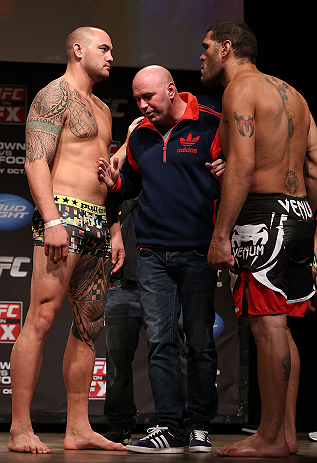 MINNEAPOLIS, MN - OCTOBER 04:  Opponents Travis Browne (L) and Antonio "Bigfoot" Silva (R) are separated by UFC President Dana White during the UFC on FX weigh in at Pantages Theater on October 4, 2012 in Minneapolis, Minnesota.  (Photo by Josh Hedges/Zuffa LLC/Zuffa LLC via Getty Images)