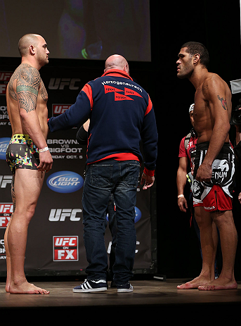 MINNEAPOLIS, MN - OCTOBER 04:  Opponents Travis Browne (L) and Antonio "Bigfoot" Silva (R) are separated by UFC President Dana White during the UFC on FX weigh in at Pantages Theater on October 4, 2012 in Minneapolis, Minnesota.  (Photo by Josh Hedges/Zuffa LLC/Zuffa LLC via Getty Images)