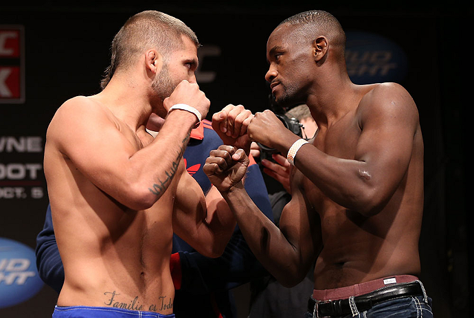 MINNEAPOLIS, MN - OCTOBER 04:  (L-R) Opponents Jeremy Stephens and Yves Edwards face off during the UFC on FX weigh in at Pantages Theater on October 4, 2012 in Minneapolis, Minnesota.  (Photo by Josh Hedges/Zuffa LLC/Zuffa LLC via Getty Images)