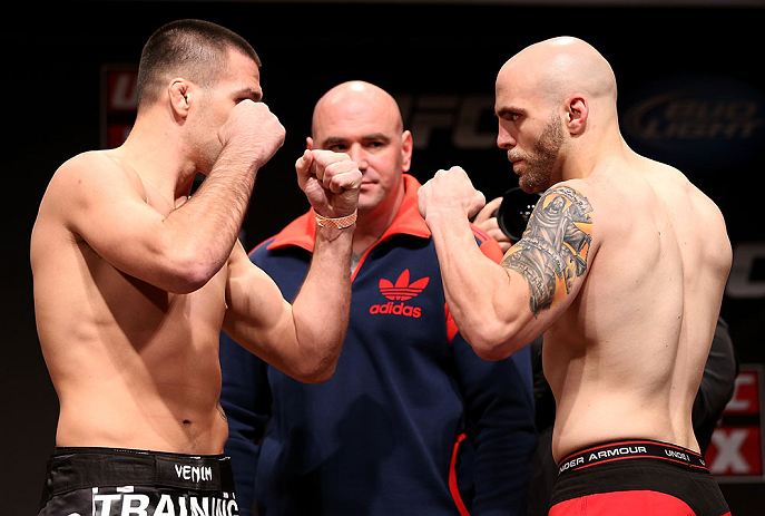 MINNEAPOLIS, MN - OCTOBER 04:  (L-R) Opponents Josh Neer and Justin Edwards face off during the UFC on FX weigh in at Pantages Theater on October 4, 2012 in Minneapolis, Minnesota.  (Photo by Josh Hedges/Zuffa LLC/Zuffa LLC via Getty Images)