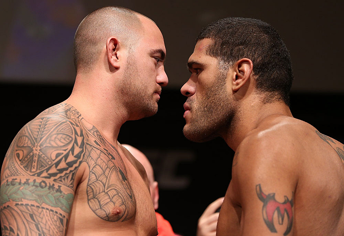 MINNEAPOLIS, MN - OCTOBER 04:  Opponents Travis Browne (L) and Antonio "Bigfoot" Silva (R) face off during the UFC on FX weigh in at Pantages Theater on October 4, 2012 in Minneapolis, Minnesota.  (Photo by Josh Hedges/Zuffa LLC/Zuffa LLC via Getty Images)