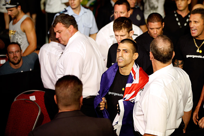 GOLD COAST, AUSTRALIA - DECEMBER 15:  George Sotiropoulos enters the arena before his lightweight fight against Ross Pearson at the UFC on FX event on December 15, 2012  at Gold Coast Convention and Exhibition Centre in Gold Coast, Australia.  (Photo by Josh Hedges/Zuffa LLC/Zuffa LLC via Getty Images)