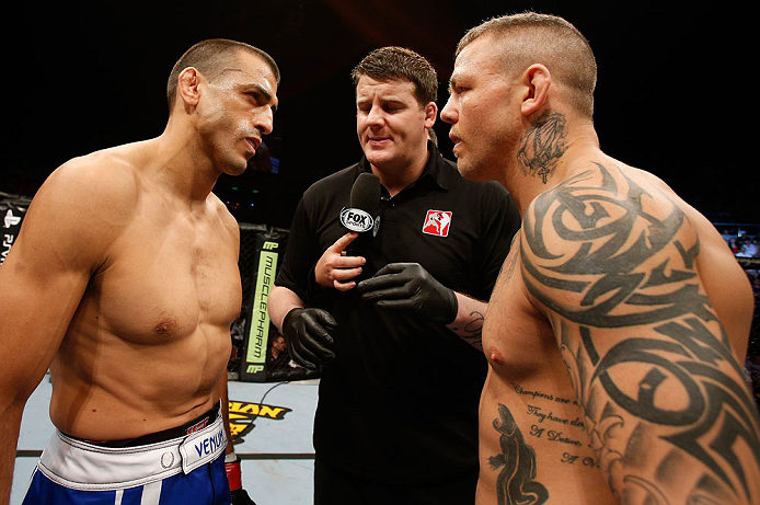 GOLD COAST, AUSTRALIA - DECEMBER 15:  (L-R) Opponents George Sotiropoulos and Ross Pearson face off before their lightweight fight at the UFC on FX event on December 15, 2012  at Gold Coast Convention and Exhibition Centre in Gold Coast, Australia.  (Photo by Josh Hedges/Zuffa LLC/Zuffa LLC via Getty Images)