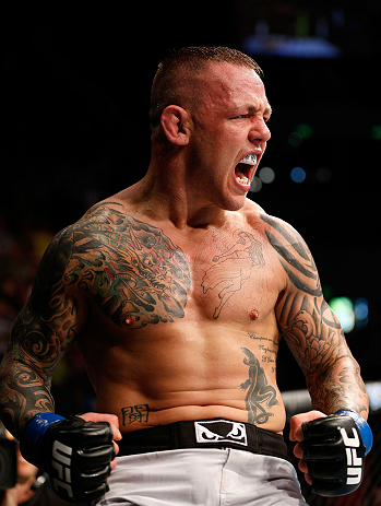 GOLD COAST, AUSTRALIA - DECEMBER 15:  Ross Pearson reacts after his knockout victory over George Sotiropoulos during their lightweight fight at the UFC on FX event on December 15, 2012  at Gold Coast Convention and Exhibition Centre in Gold Coast, Australia.  (Photo by Josh Hedges/Zuffa LLC/Zuffa LLC via Getty Images)