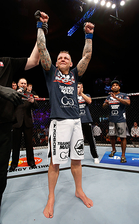 GOLD COAST, AUSTRALIA - DECEMBER 15:  Ross Pearson reacts after his knockout victory over George Sotiropoulos during their lightweight fight at the UFC on FX event on December 15, 2012  at Gold Coast Convention and Exhibition Centre in Gold Coast, Australia.  (Photo by Josh Hedges/Zuffa LLC/Zuffa LLC via Getty Images)