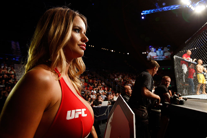 GOLD COAST, AUSTRALIA - DECEMBER 15:  UFC Octagon Girl Kahili Blundell prepares to introduce a round during the UFC on FX event on December 15, 2012  at Gold Coast Convention and Exhibition Centre in Gold Coast, Australia.  (Photo by Josh Hedges/Zuffa LLC/Zuffa LLC via Getty Images)