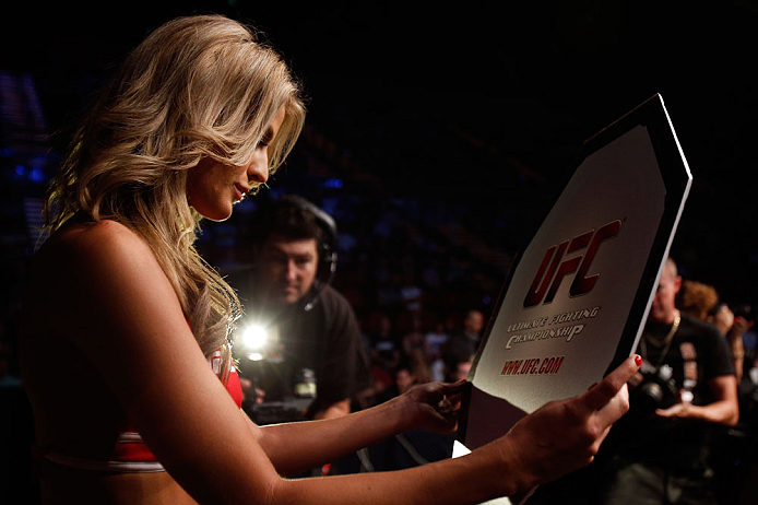 GOLD COAST, AUSTRALIA - DECEMBER 15:  UFC Octagon Girl Kristie McKeon introduces a round during the UFC on FX event on December 15, 2012  at Gold Coast Convention and Exhibition Centre in Gold Coast, Australia.  (Photo by Josh Hedges/Zuffa LLC/Zuffa LLC via Getty Images)