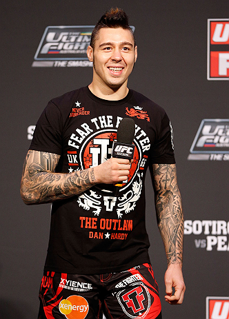 GOLD COAST, AUSTRALIA - DECEMBER 14: UFC welterweight fighter Dan Hardy interacts with fans during a Q&A session before the UFC on FX weigh in on December 14, 2012 at Gold Coast Convention and Exhibition Centre in Gold Coast, Queensland, Australia. (Photo by Josh Hedges/Zuffa LLC/Zuffa LLC via Getty Images)