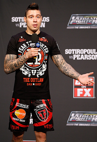 GOLD COAST, AUSTRALIA - DECEMBER 14: UFC welterweight fighter Dan Hardy interacts with fans during a Q&A session before the UFC on FX weigh in on December 14, 2012 at Gold Coast Convention and Exhibition Centre in Gold Coast, Queensland, Australia. (Photo by Josh Hedges/Zuffa LLC/Zuffa LLC via Getty Images)