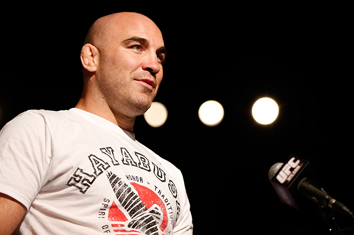 GOLD COAST, AUSTRALIA - DECEMBER 14: Fellow UFC fighter Brian Ebersole asks a question of Dan Hardy during a Q&A session before the UFC on FX weigh in on December 14, 2012 at Gold Coast Convention and Exhibition Centre in Gold Coast, Queensland, Australia. (Photo by Josh Hedges/Zuffa LLC/Zuffa LLC via Getty Images)