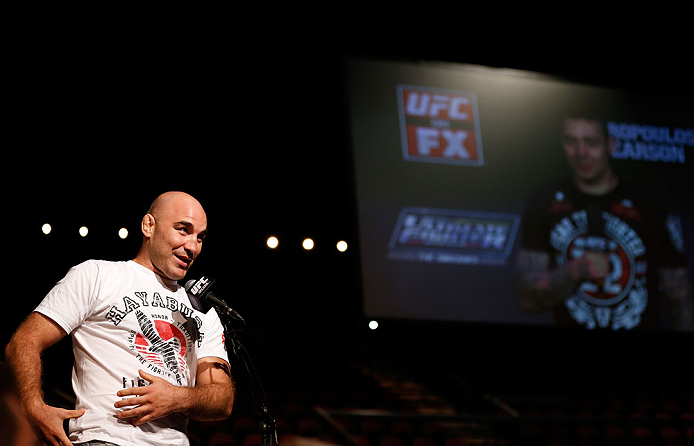 GOLD COAST, AUSTRALIA - DECEMBER 14: Fellow UFC fighter Brian Ebersole asks a question of Dan Hardy during a Q&A session before the UFC on FX weigh in on December 14, 2012 at Gold Coast Convention and Exhibition Centre in Gold Coast, Queensland, Australia. (Photo by Josh Hedges/Zuffa LLC/Zuffa LLC via Getty Images)