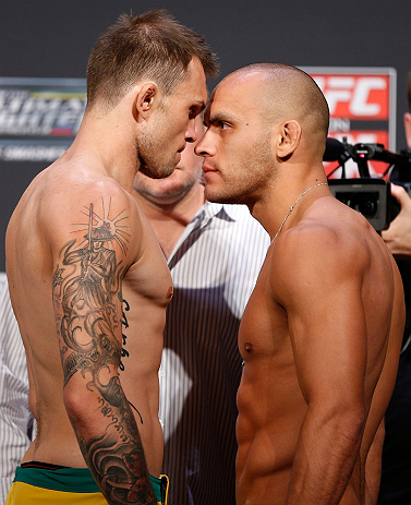 GOLD COAST, AUSTRALIA - DECEMBER 14: (L-R) Opponents Benny Alloway and Manuel Rodriguez face off during the UFC on FX weigh in on December 14, 2012 at Gold Coast Convention and Exhibition Centre in Gold Coast, Queensland, Australia. (Photo by Josh Hedges/Zuffa LLC/Zuffa LLC via Getty Images)