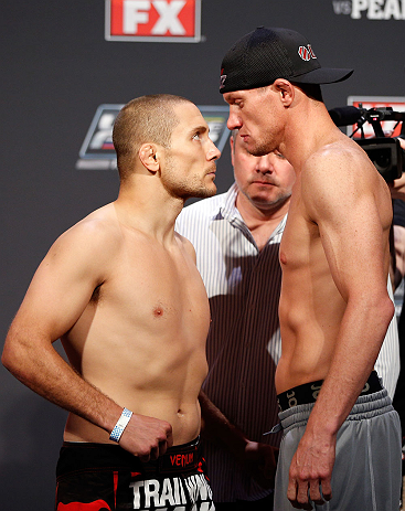 GOLD COAST, AUSTRALIA - DECEMBER 14: (L-R) Opponents Mike Pierce and Seth Baczynski face off during the UFC on FX weigh in on December 14, 2012 at Gold Coast Convention and Exhibition Centre in Gold Coast, Queensland, Australia. (Photo by Josh Hedges/Zuffa LLC/Zuffa LLC via Getty Images)