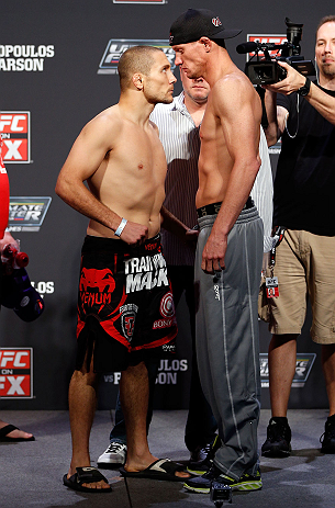 GOLD COAST, AUSTRALIA - DECEMBER 14: (L-R) Opponents Mike Pierce and Seth Baczynski face off during the UFC on FX weigh in on December 14, 2012 at Gold Coast Convention and Exhibition Centre in Gold Coast, Queensland, Australia. (Photo by Josh Hedges/Zuffa LLC/Zuffa LLC via Getty Images)