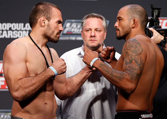 GOLD COAST, AUSTRALIA - DECEMBER 14: (L-R) Opponents Igor Pokrajac and Joey Beltran face off during the UFC on FX weigh in on December 14, 2012 at Gold Coast Convention and Exhibition Centre in Gold Coast, Queensland, Australia. (Photo by Josh Hedges/Zuffa LLC/Zuffa LLC via Getty Images)