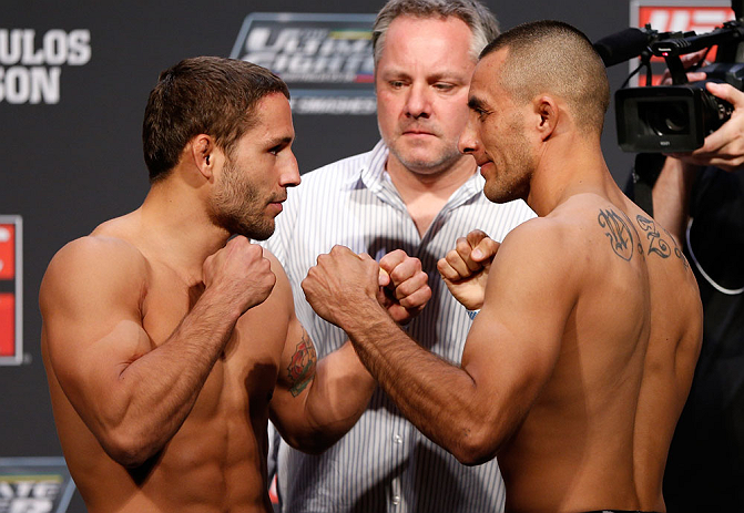 GOLD COAST, AUSTRALIA - DECEMBER 14: (L-R) Opponents Chad Mendes and Yaotzin Meza face off during the UFC on FX weigh in on December 14, 2012 at Gold Coast Convention and Exhibition Centre in Gold Coast, Queensland, Australia. (Photo by Josh Hedges/Zuffa LLC/Zuffa LLC via Getty Images)
