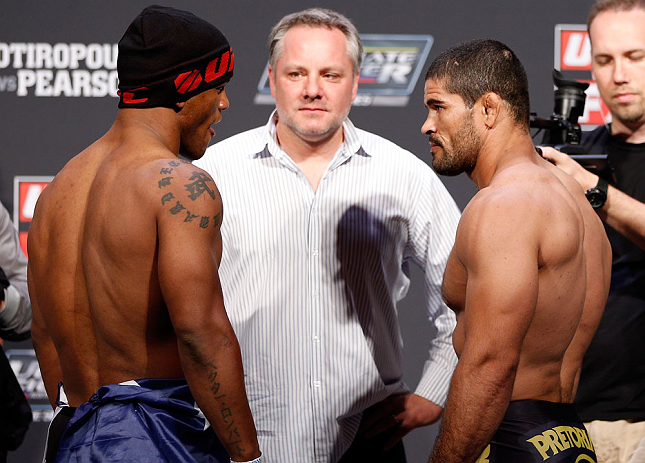 GOLD COAST, AUSTRALIA - DECEMBER 14: (L-R) Opponents Hector Lombard and Rousimar Palhares face off during the UFC on FX weigh in on December 14, 2012 at Gold Coast Convention and Exhibition Centre in Gold Coast, Queensland, Australia. (Photo by Josh Hedges/Zuffa LLC/Zuffa LLC via Getty Images)