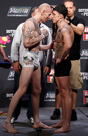 GOLD COAST, AUSTRALIA - DECEMBER 14: (L-R) Opponents Colin Fletcher and Norman Parke face off during the UFC on FX weigh in on December 14, 2012 at Gold Coast Convention and Exhibition Centre in Gold Coast, Queensland, Australia. (Photo by Josh Hedges/Zuffa LLC/Zuffa LLC via Getty Images)