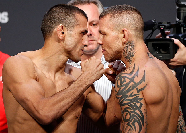 GOLD COAST, AUSTRALIA - DECEMBER 14: (L-R) Opponents George Sotiropoulos and Ross Pearson face off during the UFC on FX weigh in on December 14, 2012 at Gold Coast Convention and Exhibition Centre in Gold Coast, Queensland, Australia. (Photo by Josh Hedges/Zuffa LLC/Zuffa LLC via Getty Images)