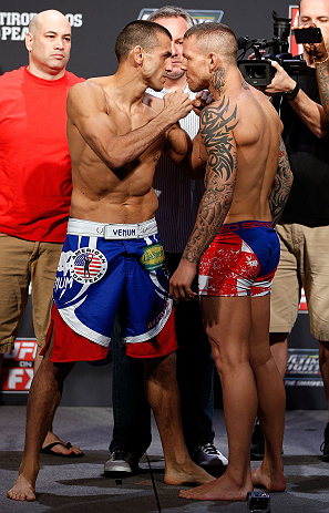 GOLD COAST, AUSTRALIA - DECEMBER 14: (L-R) Opponents George Sotiropoulos and Ross Pearson face off during the UFC on FX weigh in on December 14, 2012 at Gold Coast Convention and Exhibition Centre in Gold Coast, Queensland, Australia. (Photo by Josh Hedges/Zuffa LLC/Zuffa LLC via Getty Images)