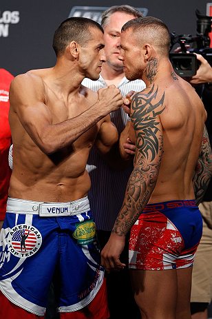 GOLD COAST, AUSTRALIA - DECEMBER 14: (L-R) Opponents George Sotiropoulos and Ross Pearson face off during the UFC on FX weigh in on December 14, 2012 at Gold Coast Convention and Exhibition Centre in Gold Coast, Queensland, Australia. (Photo by Josh Hedges/Zuffa LLC/Zuffa LLC via Getty Images)