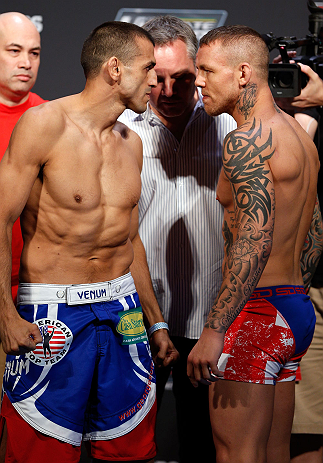 GOLD COAST, AUSTRALIA - DECEMBER 14: (L-R) Opponents George Sotiropoulos and Ross Pearson face off during the UFC on FX weigh in on December 14, 2012 at Gold Coast Convention and Exhibition Centre in Gold Coast, Queensland, Australia. (Photo by Josh Hedges/Zuffa LLC/Zuffa LLC via Getty Images)