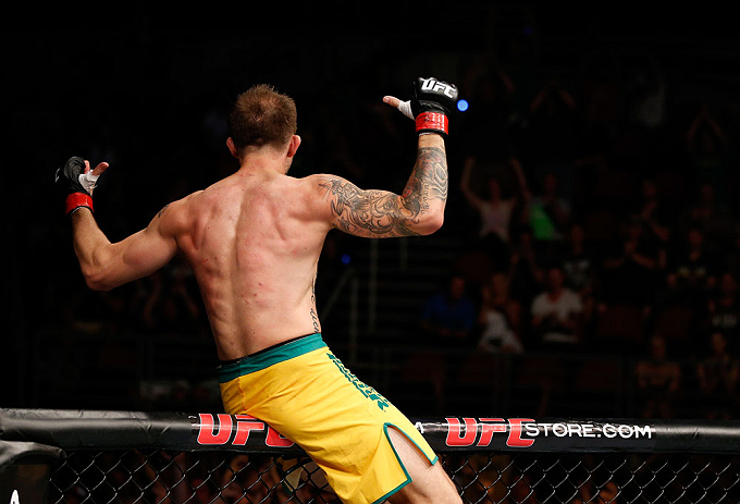 GOLD COAST, AUSTRALIA - DECEMBER 15:  Benny Alloway reacts after knocking out Manuel Rodriguez during their welterweight fight at the UFC on FX event on December 15, 2012  at Gold Coast Convention and Exhibition Centre in Gold Coast, Australia.  (Photo by Josh Hedges/Zuffa LLC/Zuffa LLC via Getty Images)