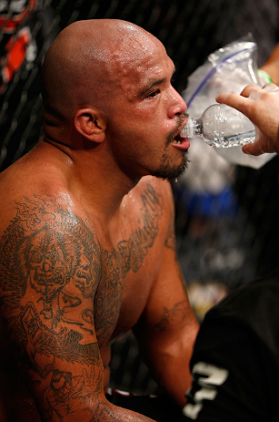 GOLD COAST, AUSTRALIA - DECEMBER 15:  Joey Beltran sits in his corner between rounds during his light heavyweight fight against Igor Pokrajac at the UFC on FX event on December 15, 2012  at Gold Coast Convention and Exhibition Centre in Gold Coast, Australia.  (Photo by Josh Hedges/Zuffa LLC/Zuffa LLC via Getty Images)
