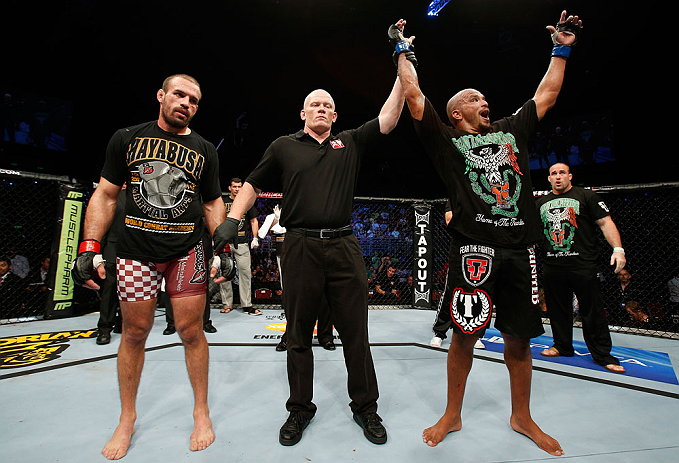 GOLD COAST, AUSTRALIA - DECEMBER 15:  Joey Beltran (R) reacts after defeating Igor Pokrajac during their light heavyweight fight at the UFC on FX event on December 15, 2012  at Gold Coast Convention and Exhibition Centre in Gold Coast, Australia.  (Photo by Josh Hedges/Zuffa LLC/Zuffa LLC via Getty Images)