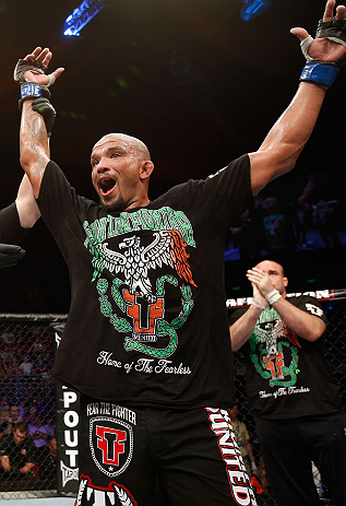 GOLD COAST, AUSTRALIA - DECEMBER 15:  Joey Beltran reacts after defeating Igor Pokrajac during their light heavyweight fight at the UFC on FX event on December 15, 2012  at Gold Coast Convention and Exhibition Centre in Gold Coast, Australia.  (Photo by Josh Hedges/Zuffa LLC/Zuffa LLC via Getty Images)