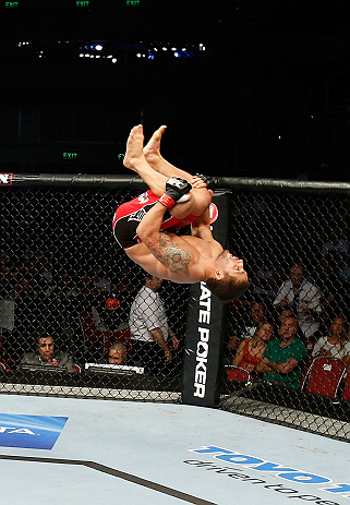 GOLD COAST, AUSTRALIA - DECEMBER 15:  Chad Mendes reacts after knocking out Yaotzin Meza during their featherweight fight at the UFC on FX event on December 15, 2012  at Gold Coast Convention and Exhibition Centre in Gold Coast, Australia.  (Photo by Josh Hedges/Zuffa LLC/Zuffa LLC via Getty Images)