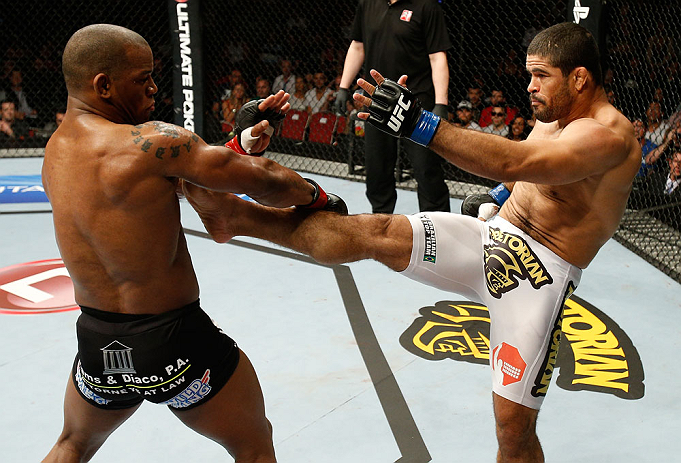 GOLD COAST, AUSTRALIA - DECEMBER 15:  (R-L) Rousimar Palhares kicks Hector Lombard during their middleweight fight at the UFC on FX event on December 15, 2012  at Gold Coast Convention and Exhibition Centre in Gold Coast, Australia.  (Photo by Josh Hedges/Zuffa LLC/Zuffa LLC via Getty Images)