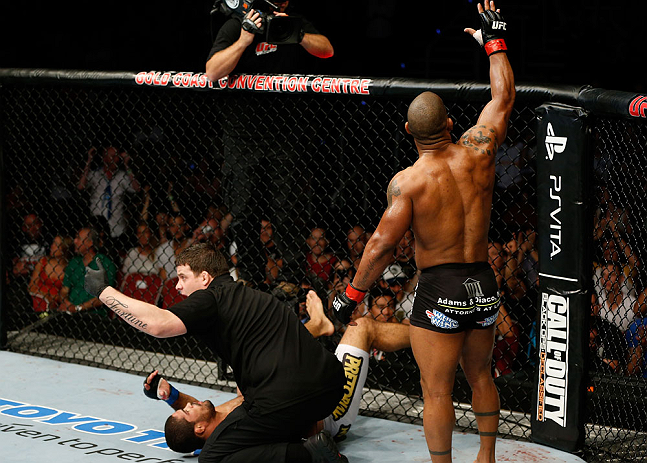 GOLD COAST, AUSTRALIA - DECEMBER 15:  Hector Lombard reacts after knocking out Rousimar Palhares during their middleweight fight at the UFC on FX event on December 15, 2012  at Gold Coast Convention and Exhibition Centre in Gold Coast, Australia.  (Photo by Josh Hedges/Zuffa LLC/Zuffa LLC via Getty Images)
