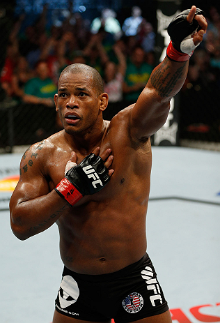 GOLD COAST, AUSTRALIA - DECEMBER 15:  Hector Lombard reacts after knocking out Rousimar Palhares during their middleweight fight at the UFC on FX event on December 15, 2012  at Gold Coast Convention and Exhibition Centre in Gold Coast, Australia.  (Photo by Josh Hedges/Zuffa LLC/Zuffa LLC via Getty Images)