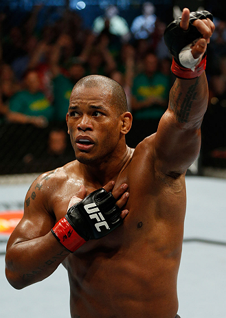 GOLD COAST, AUSTRALIA - DECEMBER 15:  Hector Lombard reacts after knocking out Rousimar Palhares during their middleweight fight at the UFC on FX event on December 15, 2012  at Gold Coast Convention and Exhibition Centre in Gold Coast, Australia.  (Photo by Josh Hedges/Zuffa LLC/Zuffa LLC via Getty Images)