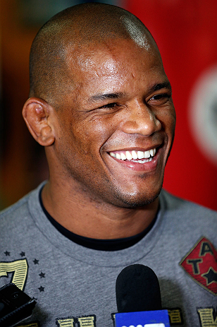 GOLD COAST, AUSTRALIA - DECEMBER 13: Hector Lombard answers questions from journalists during the UFC on FX open workouts on December 13, 2012 at Boonchu Gym in Gold Coast, Australia. (Photo by Josh Hedges/Zuffa LLC/Zuffa LLC via Getty Images)