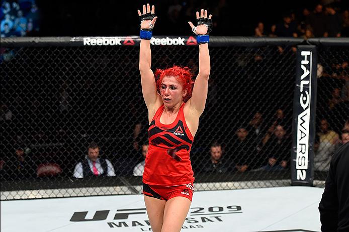 Randa Markos celebrates her victory over <a href='../fighter/Carla-Esparza'>Carla Esparza</a> at Fight Night Halifax