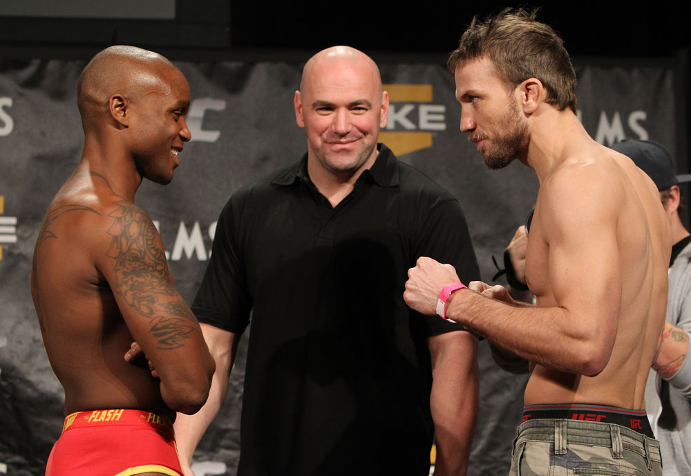 LAS VEGAS, NV - DECEMBER 02:  (L-R) Opponents Marcus Brimage and Stephen Bass face off after weighing in at the official weigh-in for The Ultimate Fighter 14 Finale at The Palms Casino Resort on December 2, 2011 in Las Vegas, Nevada.  (Photo by Josh Hedges/Zuffa LLC/Zuffa LLC via Getty Images)