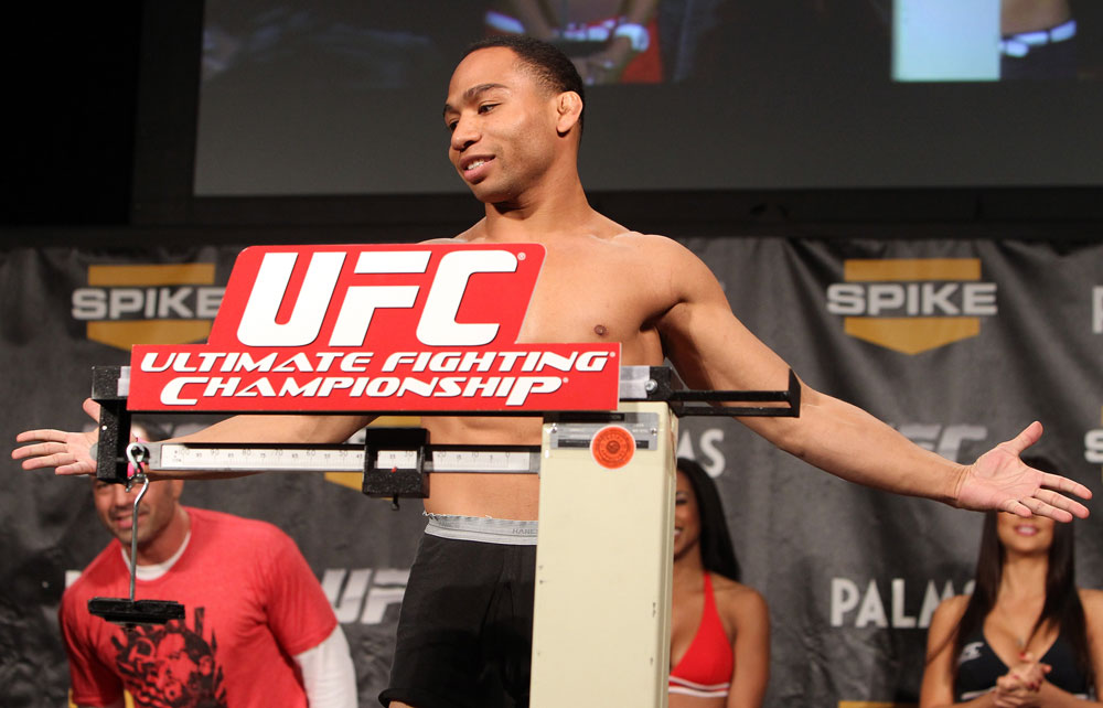 LAS VEGAS, NV - DECEMBER 02:  John Dodson weighs in at the official weigh-in for The Ultimate Fighter 14 Finale at The Palms Casino Resort on December 2, 2011 in Las Vegas, Nevada.  (Photo by Josh Hedges/Zuffa LLC/Zuffa LLC via Getty Images)