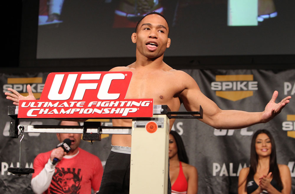 LAS VEGAS, NV - DECEMBER 02:  John Dodson weighs in at the official weigh-in for The Ultimate Fighter 14 Finale at The Palms Casino Resort on December 2, 2011 in Las Vegas, Nevada.  (Photo by Josh Hedges/Zuffa LLC/Zuffa LLC via Getty Images)