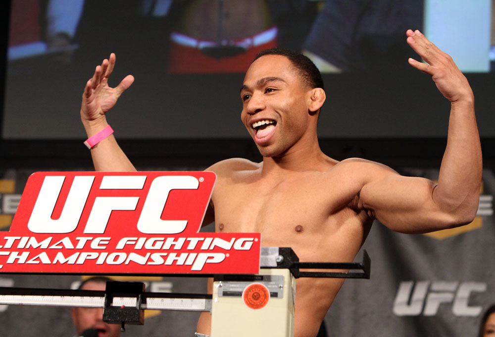 LAS VEGAS, NV - DECEMBER 02:  John Dodson weighs in at the official weigh-in for The Ultimate Fighter 14 Finale at The Palms Casino Resort on December 2, 2011 in Las Vegas, Nevada.  (Photo by Josh Hedges/Zuffa LLC/Zuffa LLC via Getty Images)
