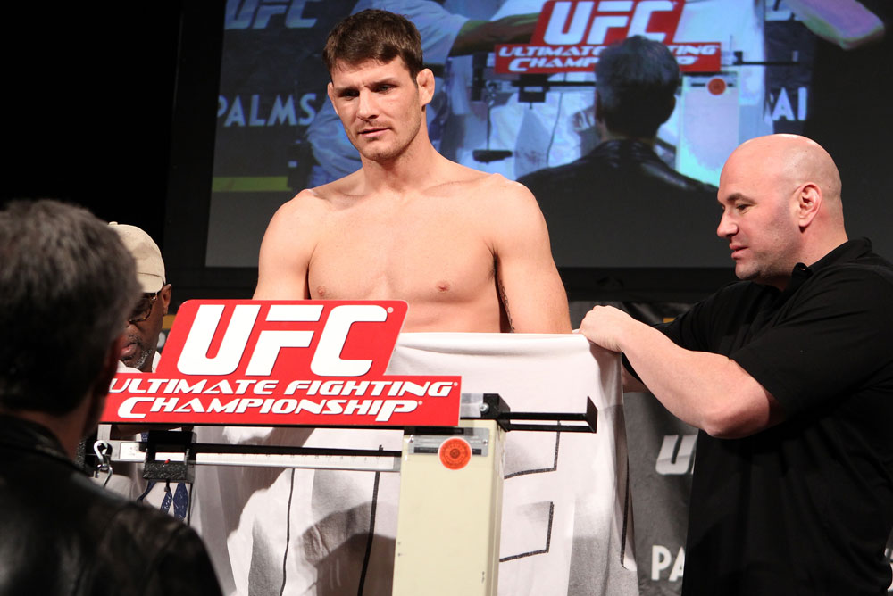 LAS VEGAS, NV - DECEMBER 02:  Michael Bisping pleads his case to a commission official after missing weight at the official weigh-in for The Ultimate Fighter 14 Finale at The Palms Casino Resort on December 2, 2011 in Las Vegas, Nevada.  (Photo by Josh Hedges/Zuffa LLC/Zuffa LLC via Getty Images)