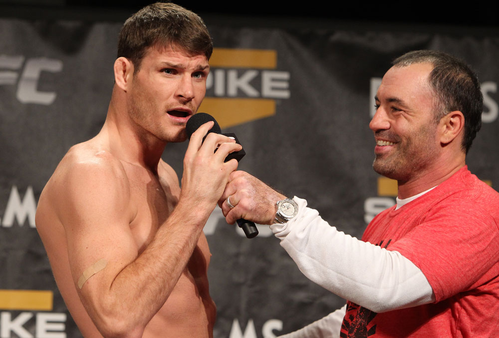LAS VEGAS, NV - DECEMBER 02:  (L-R) Michael BIsping is interviewed by Joe Rogan after weighing in at the official weigh-in for The Ultimate Fighter 14 Finale at The Palms Casino Resort on December 2, 2011 in Las Vegas, Nevada.  (Photo by Josh Hedges/Zuffa LLC/Zuffa LLC via Getty Images)