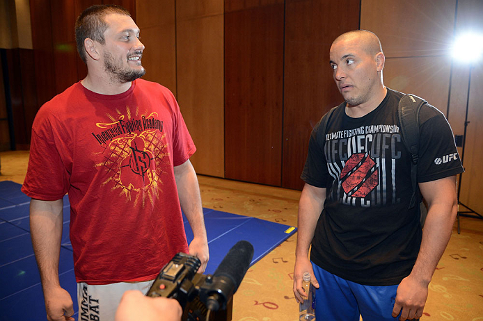 LAS VEGAS, NV - DECEMBER 13:  UFC fighters Matt Mitrione (L) and Pat Barry speak to the media during the Ultimate Fighter 16 Finale open workouts at The Joint at the Hard Rock Hotel and Casino on December 13, 2012 in Las Vegas, Nevada.  (Photo by Jeff Bottari/Zuffa LLC/Zuffa LLC)