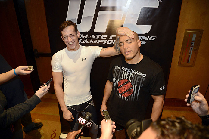LAS VEGAS, NV - DECEMBER 13: UFC fighters Mike Ricci (L) and Pat Barry interact in front of the media during the Ultimate Fighter 16 Finale open workouts at The Joint at the Hard Rock Hotel and Casino on December 13, 2012 in Las Vegas, Nevada. (Photo by Jeff Bottari/Zuffa LLC/Zuffa LLC)