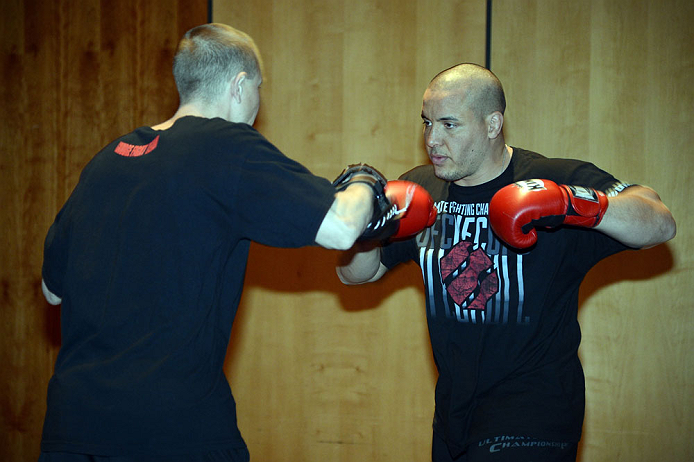 LAS VEGAS, NV - DECEMBER 13: UFC fighter Pat Barry (R) works out for the media during the Ultimate Fighter 16 Finale open workouts at The Joint at the Hard Rock Hotel and Casino on December 13, 2012 in Las Vegas, Nevada. (Photo by Jeff Bottari/Zuffa LLC/Zuffa LLC)